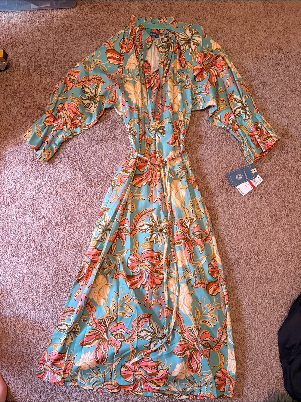 Democracy Teal Maxi Dress with Coral and Cream Floral Print